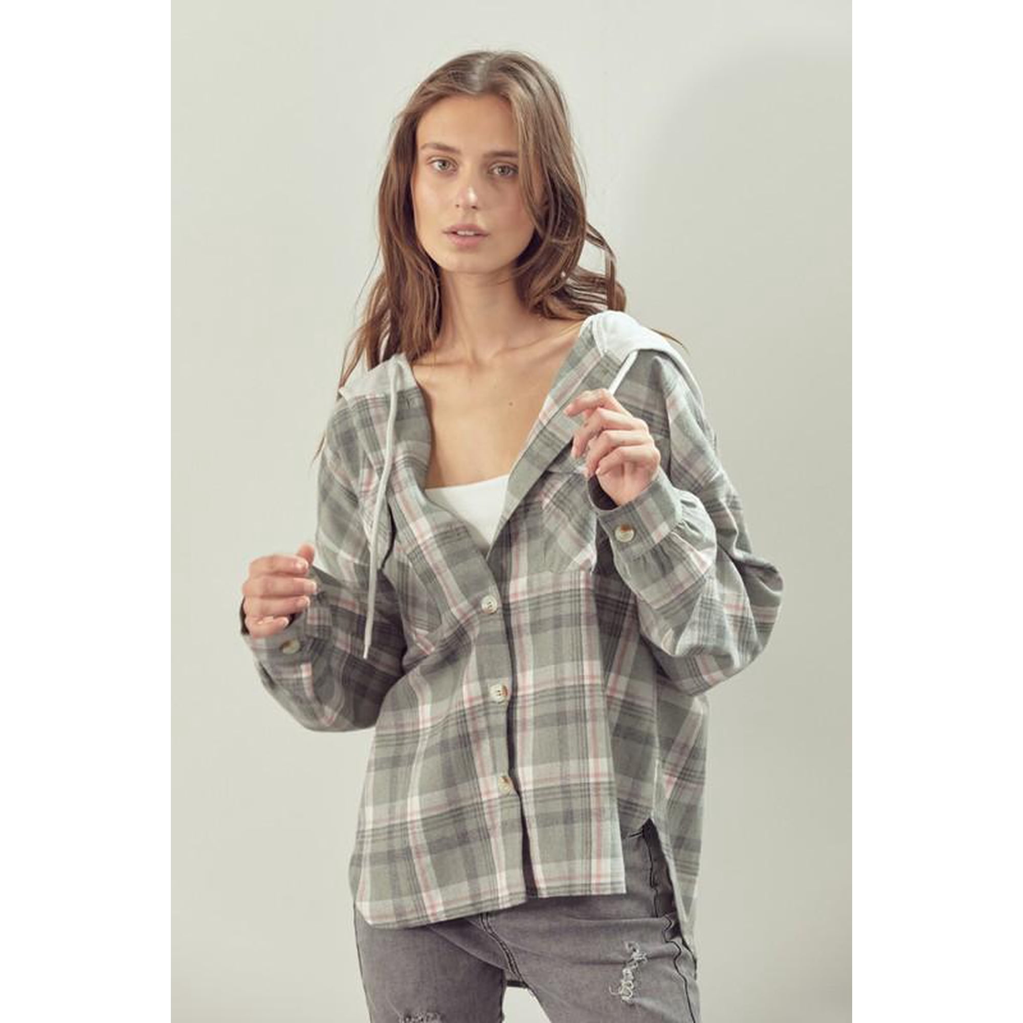 Plaid Oversized Hooded Flannel Jacket for Women - Dusty Olive / L -  Walmart.com