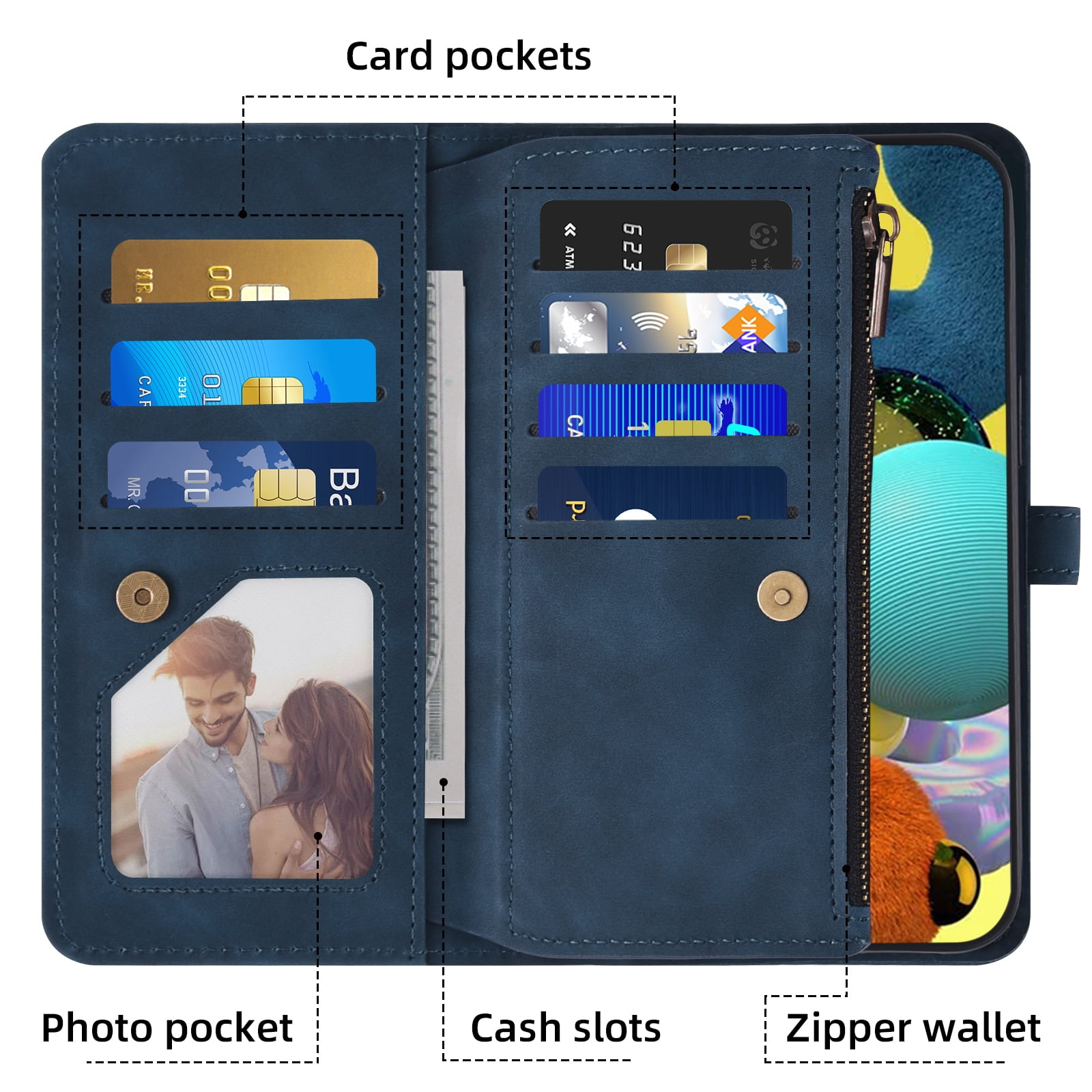 Asuwish Phone Case for Samsung Galaxy A51 4G Wallet Cover With Tempered Glass Screen Protector Crossbody Wrist Strap Flip Pattern Zipper Credit Card Holder Cell A 51 M40S 51A A515F S51 Women Men Blue