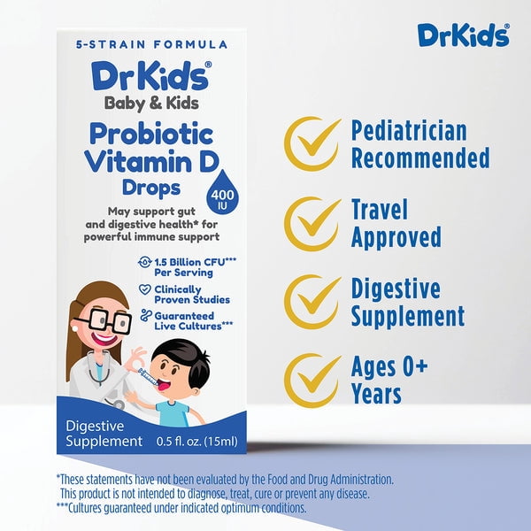 DrKids Probiotic Vitamin D Drops, Clinically Proven Strains, May Support Infant & Child Gut and Digestive Health*, Powerful Immune Support and Guaranteed Live Cultures, 0.5 fl. Oz. (15 ml)