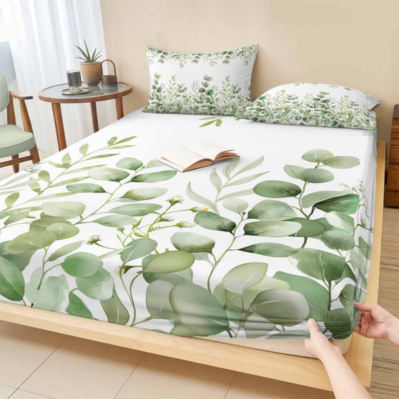 King Size Fitted Sheet Set - Green Eucalyptus 3 Piece Bedding Sets 16" Deep Pocket Fitted Sheet with 2 Pillowcases, Farmhouse Botanical Leaves Brushed Microfiber Hotel Luxury Bed Sheets