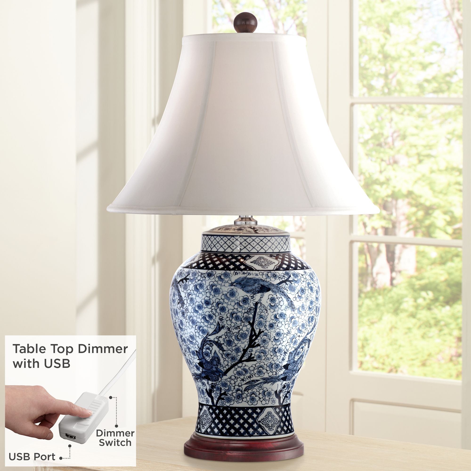 Vintage creamy white ceramic ginger jar vase lamp with floral pattern and Hummingbirds