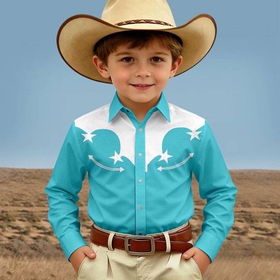 FYDUU Boy's Western Cowboy Shirt Printed Long Sleeve Shirts Casual Button Down Dress Shirts Regular Fit Blouses For Kids Festival Party Tops 10-11 Years