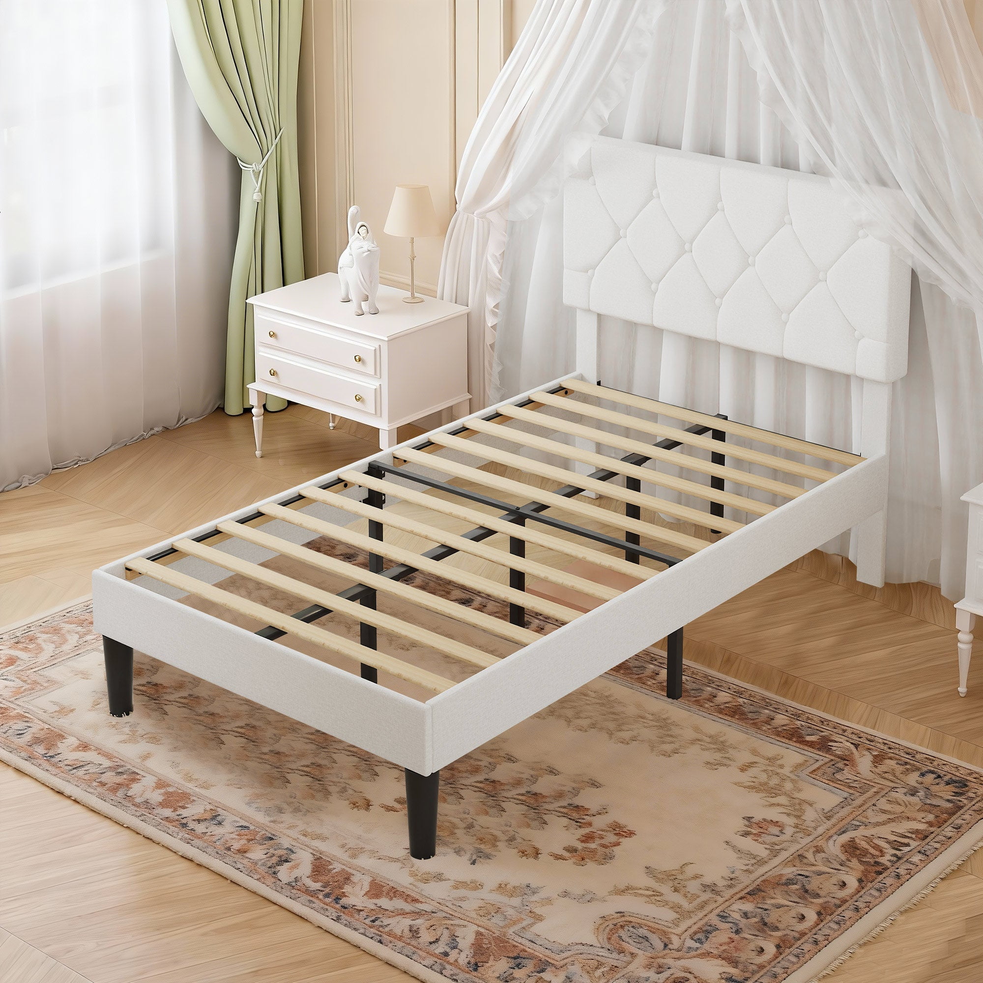 VECELO Twin Size Platform Bed Frame Upholstered Beds with Height-Adjustable Linen Button Tufted Headboard, Bed Frame, White