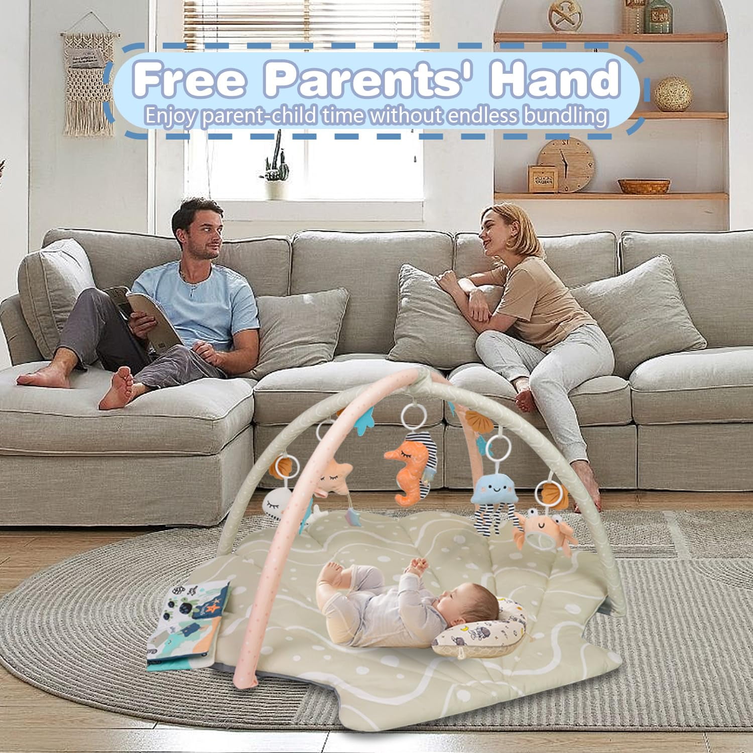 PRVAETU Baby Play Gym Mat, Oversize Tummy Time Activity Mat with 6 Detachable Toys for 3-18 Months Infant Sensory Exploration Skill Development,Beige