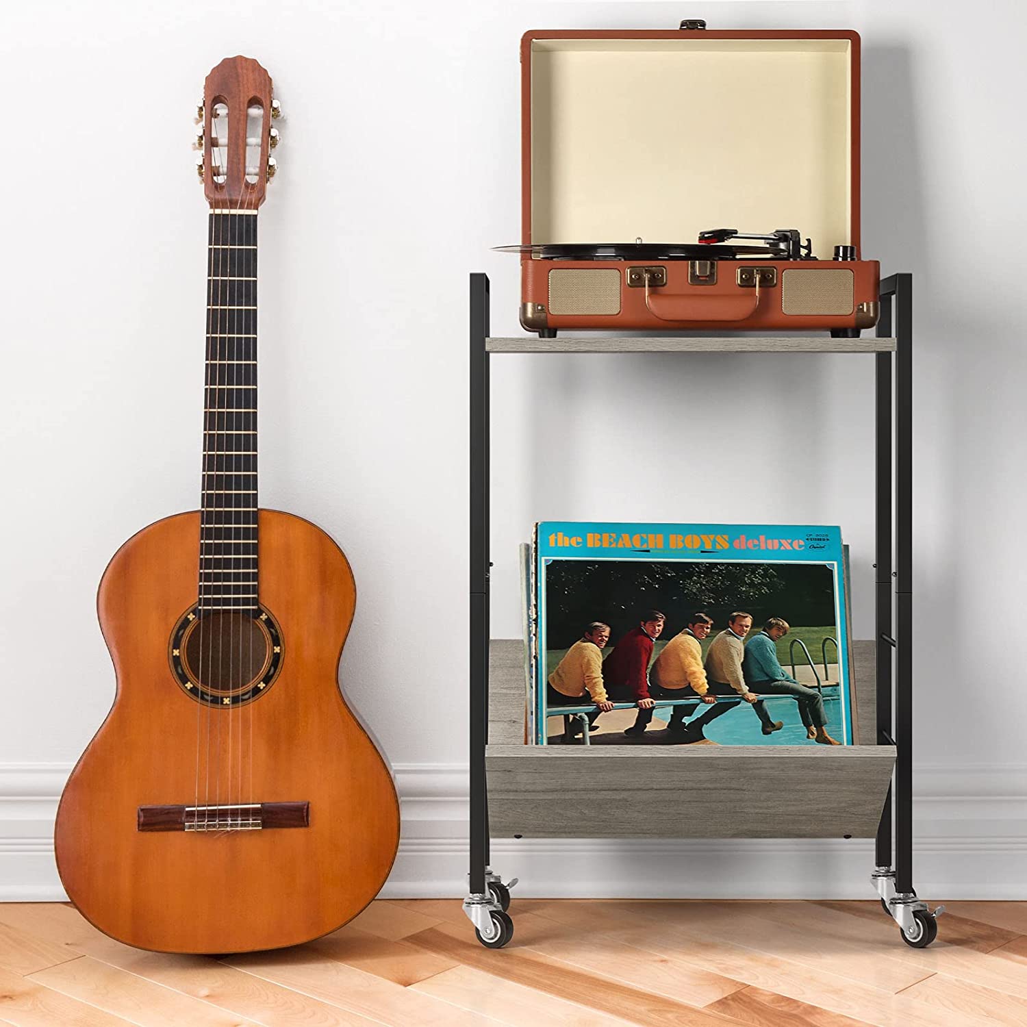 2 Tier Record Player Stand End Table with Vinyl Storage Shelf, Gray
