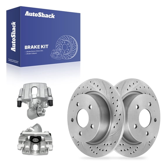 AutoShack Rear Solid Drilled & Slotted Silver Zinc Coated Brake Rotors   Calipers 4-PC Brake Kit Replacement for 2013-2016 Ford Escape 2013-2018 Ford C-Max SilverShield Pro 11.02" (279.8 mm)