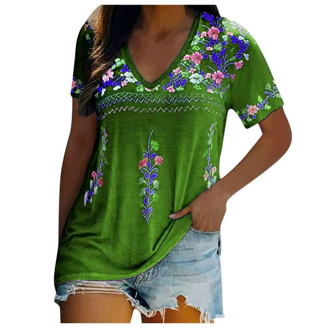Blouse Décontractée pour Femme à Col en V avec Imprimé, T-Shirt à Manches Courtes, Hauts d'Été