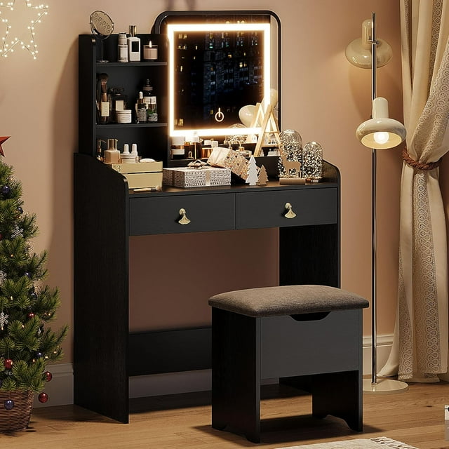 Vanity Desk with LED Light Mirror and Charging Station, Small Makeup Vanities Set with 2 Drawers, Vanity for Girls Women with Storage Stool, Vanity Table for Bedroom