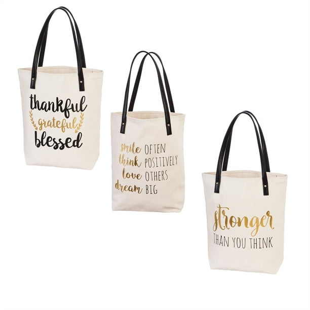 Motivational Sayings Canvas Tote Bag, 3 Asst