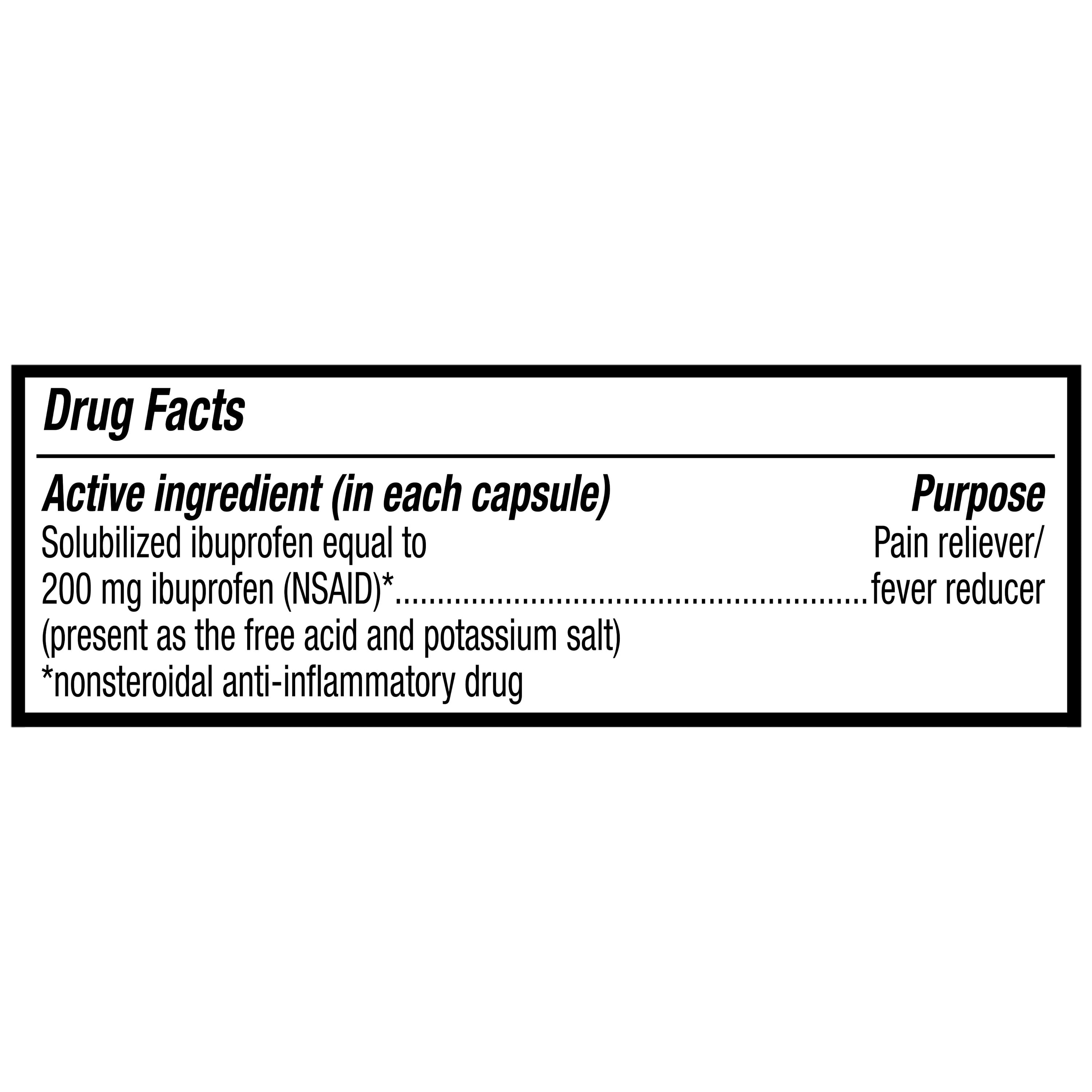 (4 pack) Equate Ibuprofen Mini Liquid Filled Softgel Capsules, 200 mg, Pain Relief & Fever Reducer, 160 Count, Compare to AdvilÂ® LIQUI-GELS Minis Active Ingredient