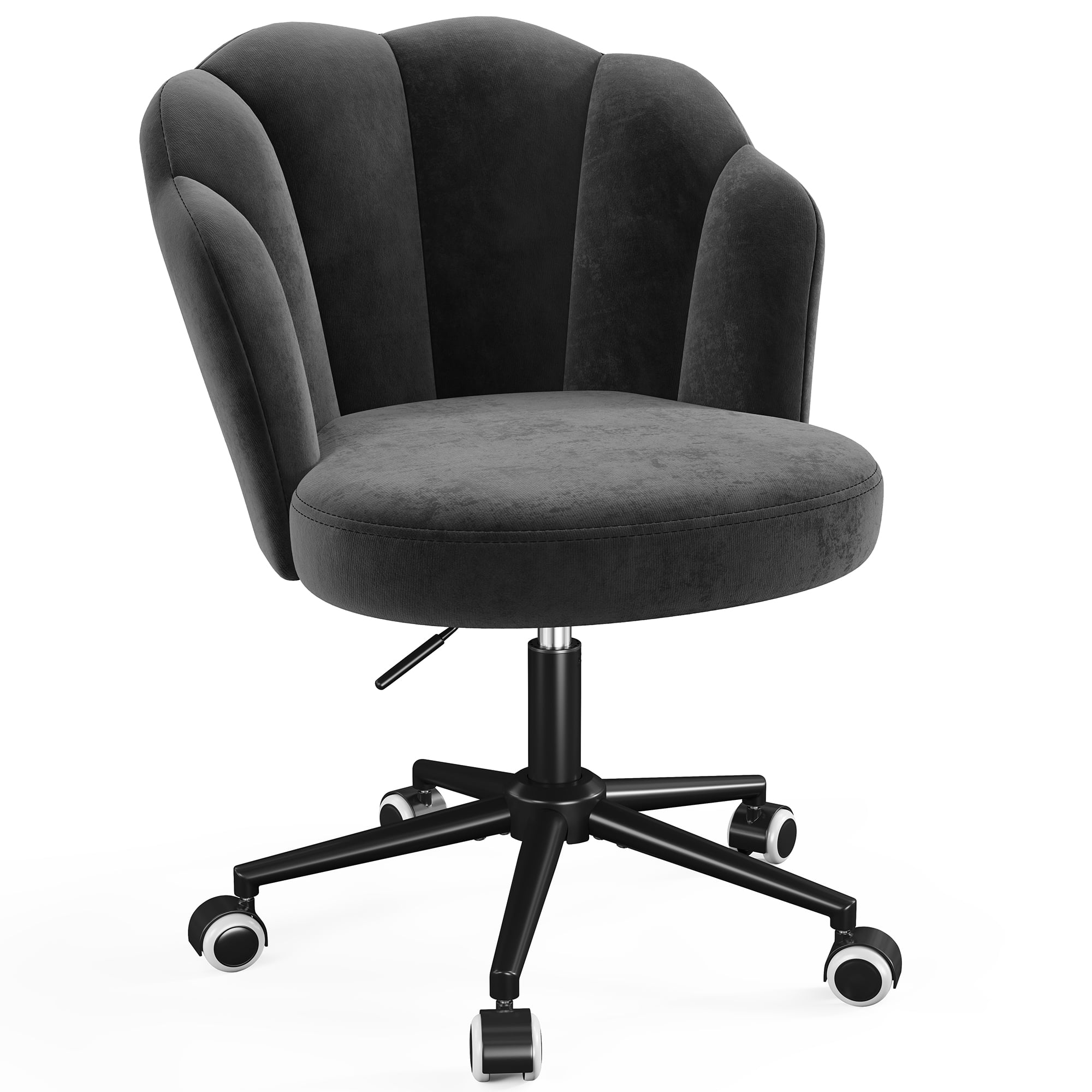 Romorgniz Velvet Vanity Chair with Petal Backrest Height Adjustable Desk Chair with Wheels Seashell Makeup Chair for Bedroom, Black