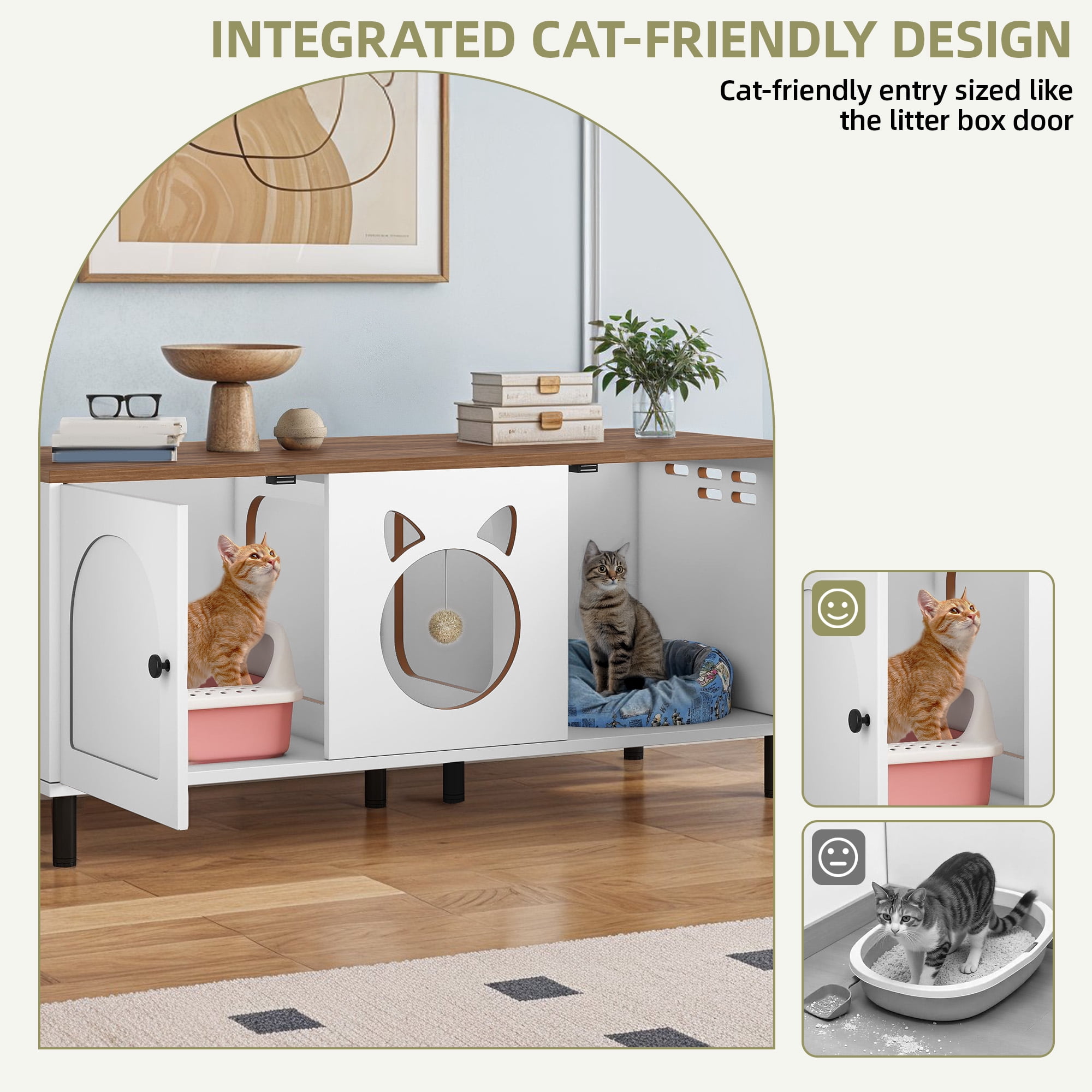 Uforic Cat Litter Box Enclosure with Legs, Wooden Cat Litter Box Furniture with Double Room for 2 Cats, White
