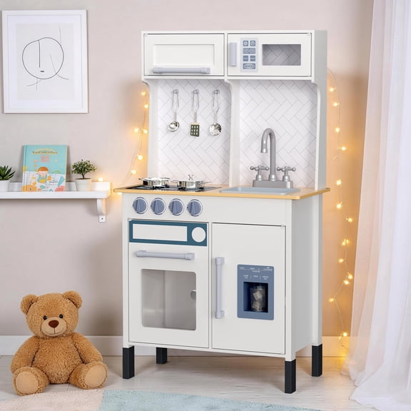 BRINJOY Wooden Play Kitchen for Kids, Pretend Cooking Set with Realistic Microwave, Oven, Sink, Apron & Storage, Educational Toy Gift for Ages 3