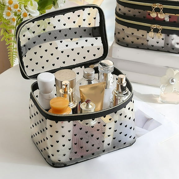 Polka Dot Mesh Cosmetic Bag Large Capacity Travel Makeup Bag, Breathable Storage Organizer for Toiletries, Cosmetics, Daily Necessities, School, Office, Travel, Lightweight and Durable Bag