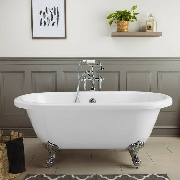 Windsor 66 Inch Acrylic Double Ended Clawfoot Tub - Continuous Roll Rim - No Faucet Drillings - Ball & Claw Feet