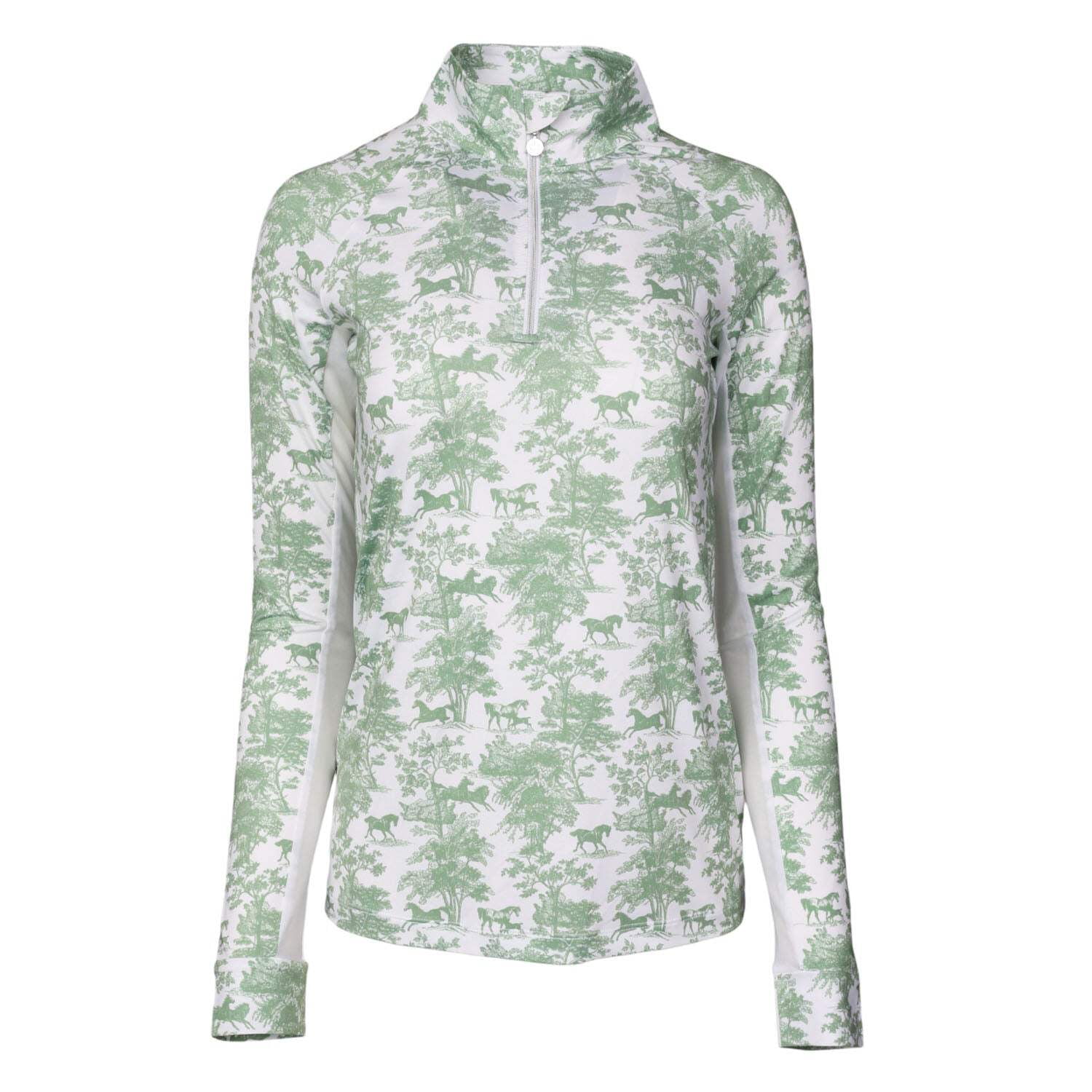 Dapplebay Equestrian Toile 1/4 Zip Light Riding Top - Long Sleeve-Green/White