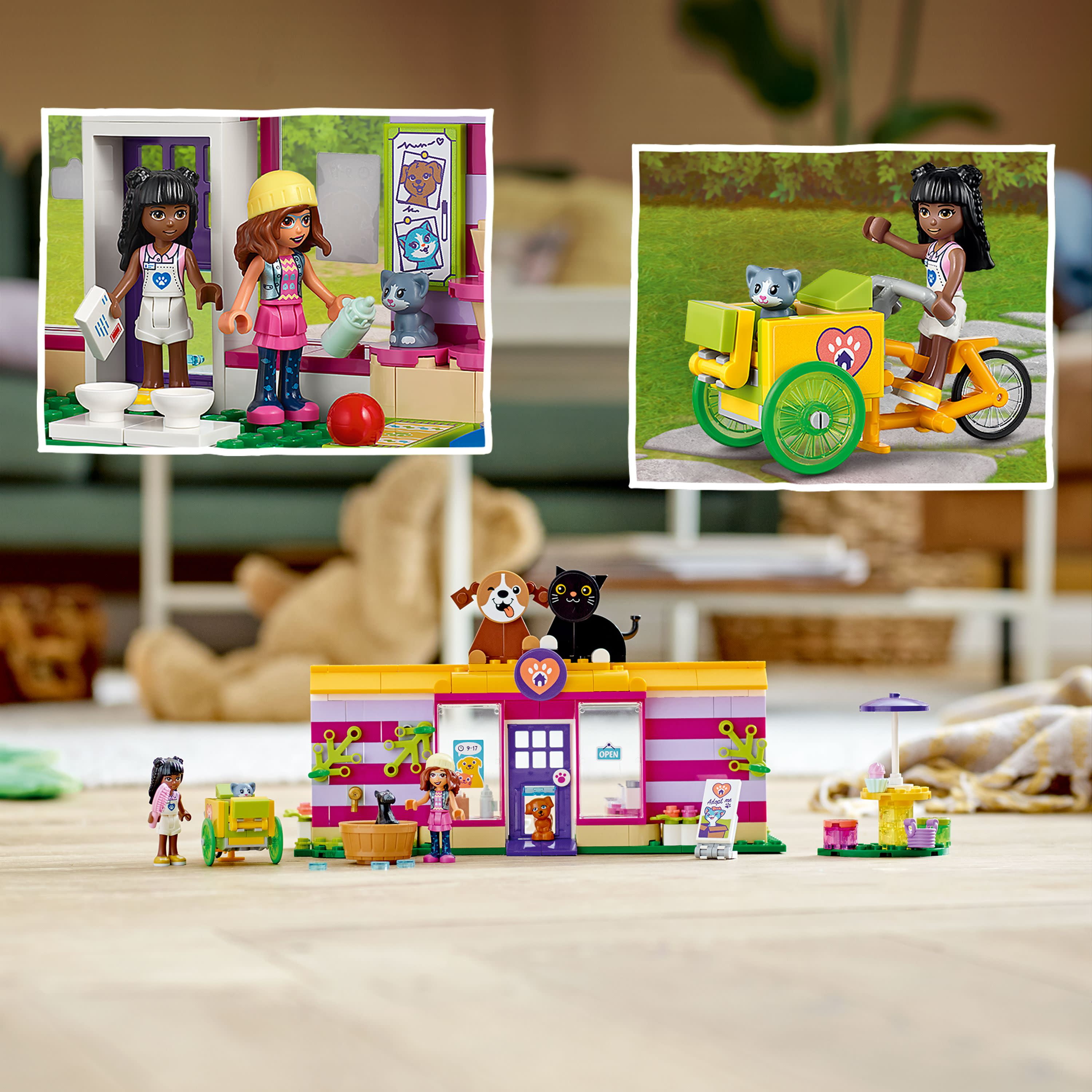 LEGO Friends Rescue Collectible & & Ages Girls, Mini-Dolls, Toys Kids Creative with Pet Boys, Animal Dog Cat Olivia Figures, Set Toy - and Building for 41699 6+ Priyanka Adoption Café