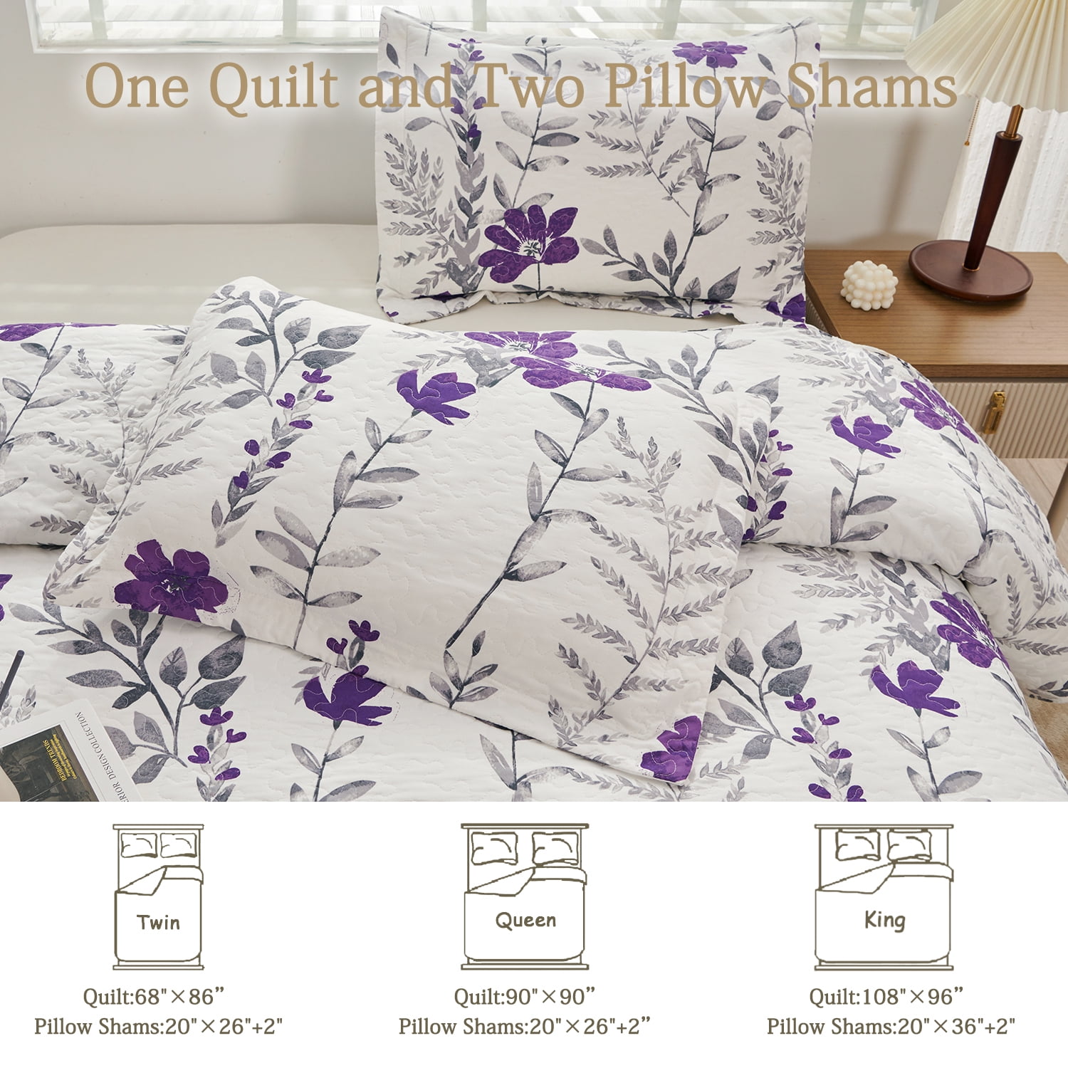 Green Essen Quilt Set Twin Size 3 Piece Bedspread Coverlet Home Lightweight Quilt Bedding Country Dark Scent Purple Flower Quilt Soft Microfibers Quilt Bedspread with Pillow Shams