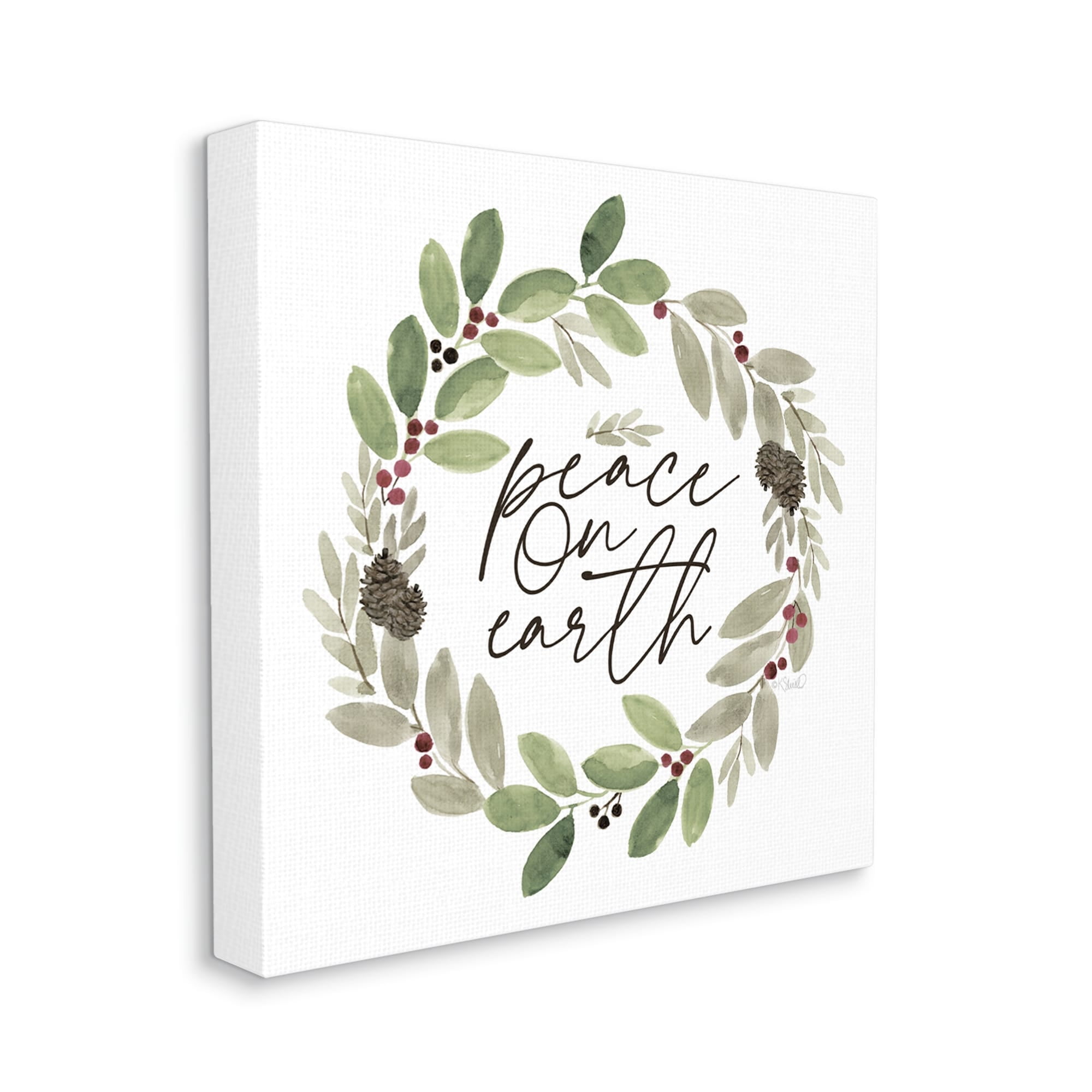 Peace On Earth Calligraphy Seasonal Watercolor Wreath Inspirational Graphic Art Gallery-Wrapped Canvas Print Wall Art