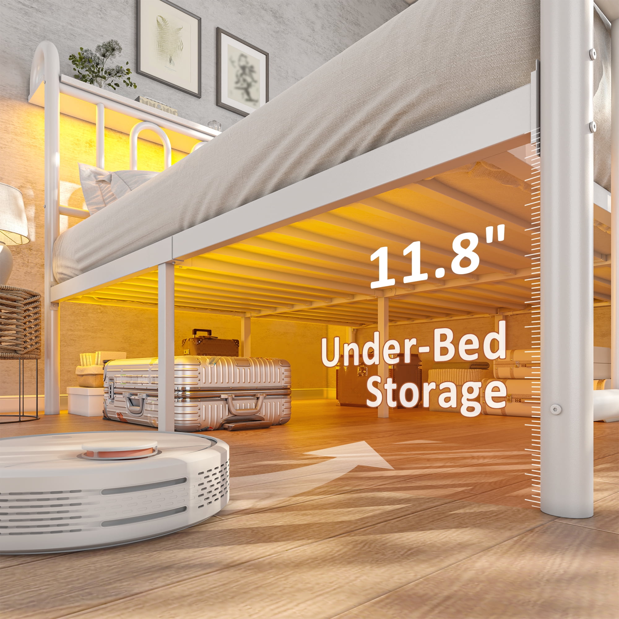EnHomee Full Size Metal Platform Bed Frame with Headboard Metal Bed Frame with LED Lights Full Bed Frame with Underbed Storage,White