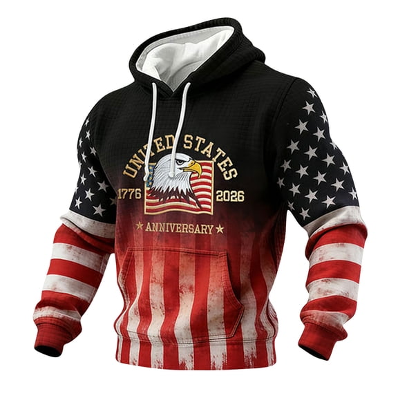4th of July Sweatshirt Men 250 Anniversary USA Flag Print Hoodie Casual Long Sleeve Drawstring Waffle Pullover with Pocket
