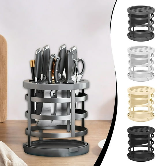 AYktou Stainless Steel Knife Chopsticks Storage Holders, 360° Rotation Kitchen Cutlery Utensil Storage Rack, Kitchenware Shelf Draining Rack All-Round Hollow Ventilation Knife Stand with Water Tray