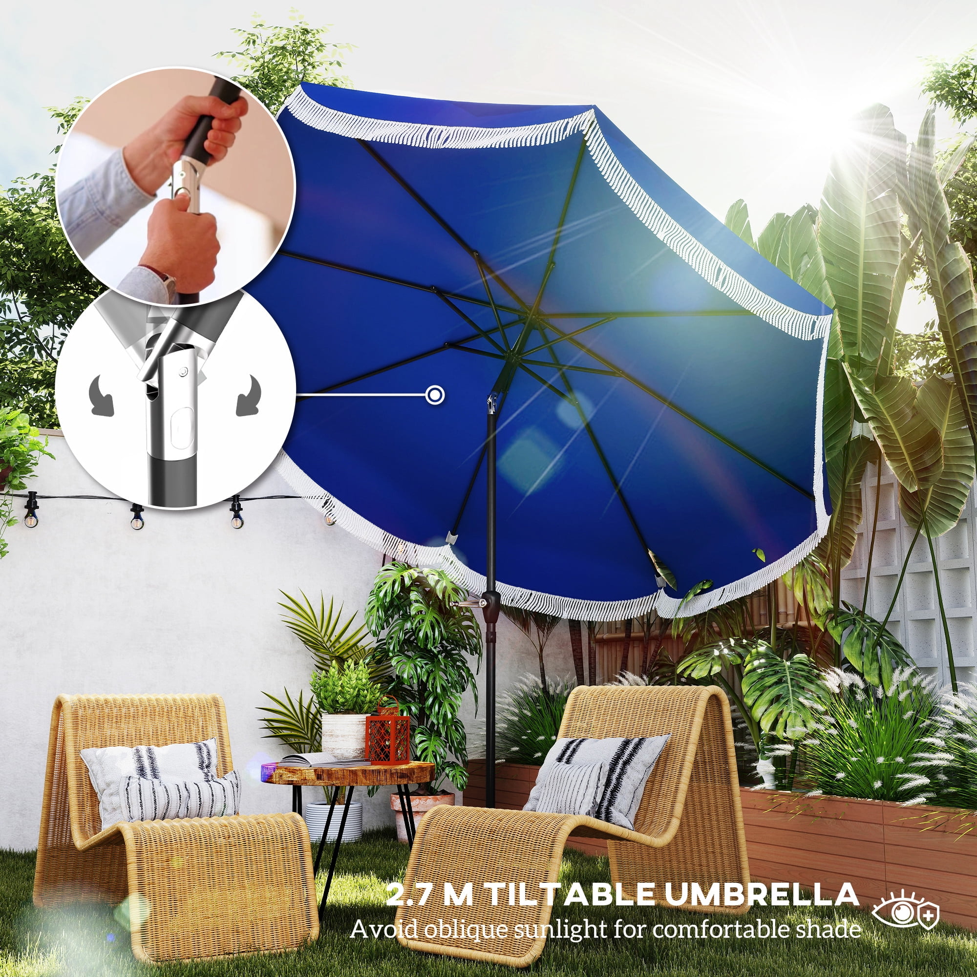 Outsunny 9FT Patio Umbrella, UPF 30+ Outdoor Market Umbrella, Vented Patio Table Umbrella with Crank, 8 Ribs, Push Button Tilt, Navy Blue