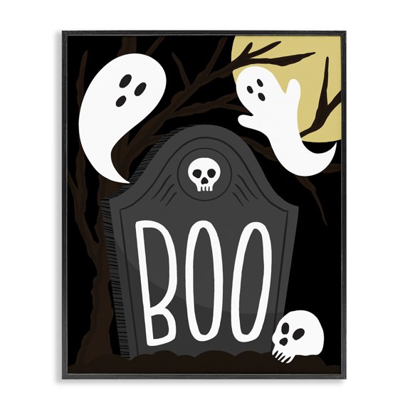 Stupell Industries Contemporary Boo Haunted Night Gravestone Black Framed Giclee Art, 16 x 20, by Hey Bre! Creative Studio