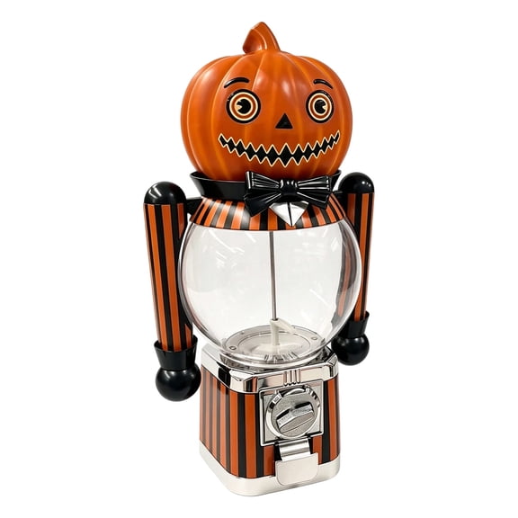 Retro Pumpkin Candy Dispenser Halloween Tabletop Decor with Clear Globe, Vintage Nutcracker Style Treat Holder for Party