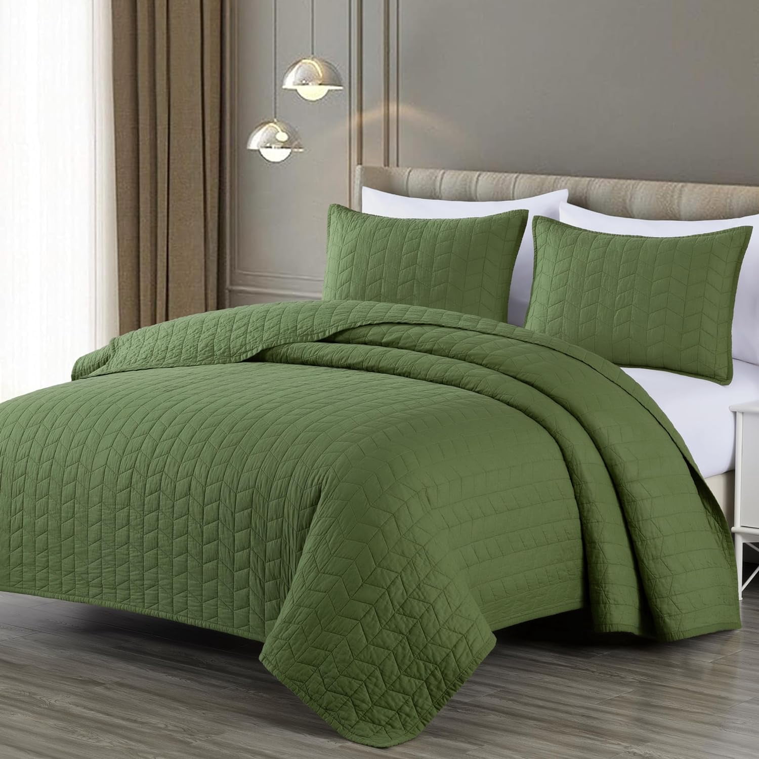 Chezmoi Collection 3-Piece Loden Green Geometric Quilt Bedding Sets, King
