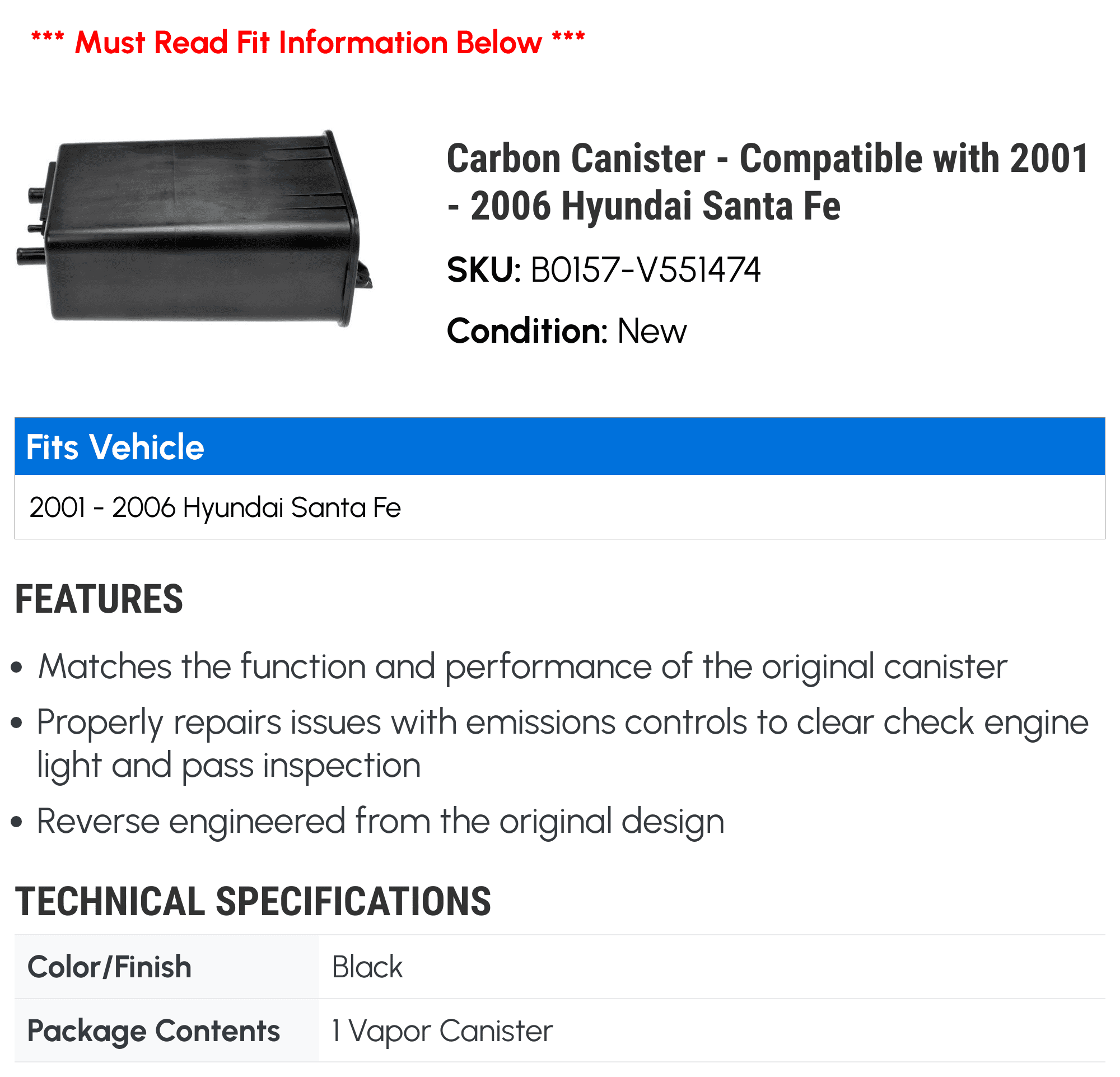 Carbon Canister - Compatible with 2001 - 2006 Hyundai Santa