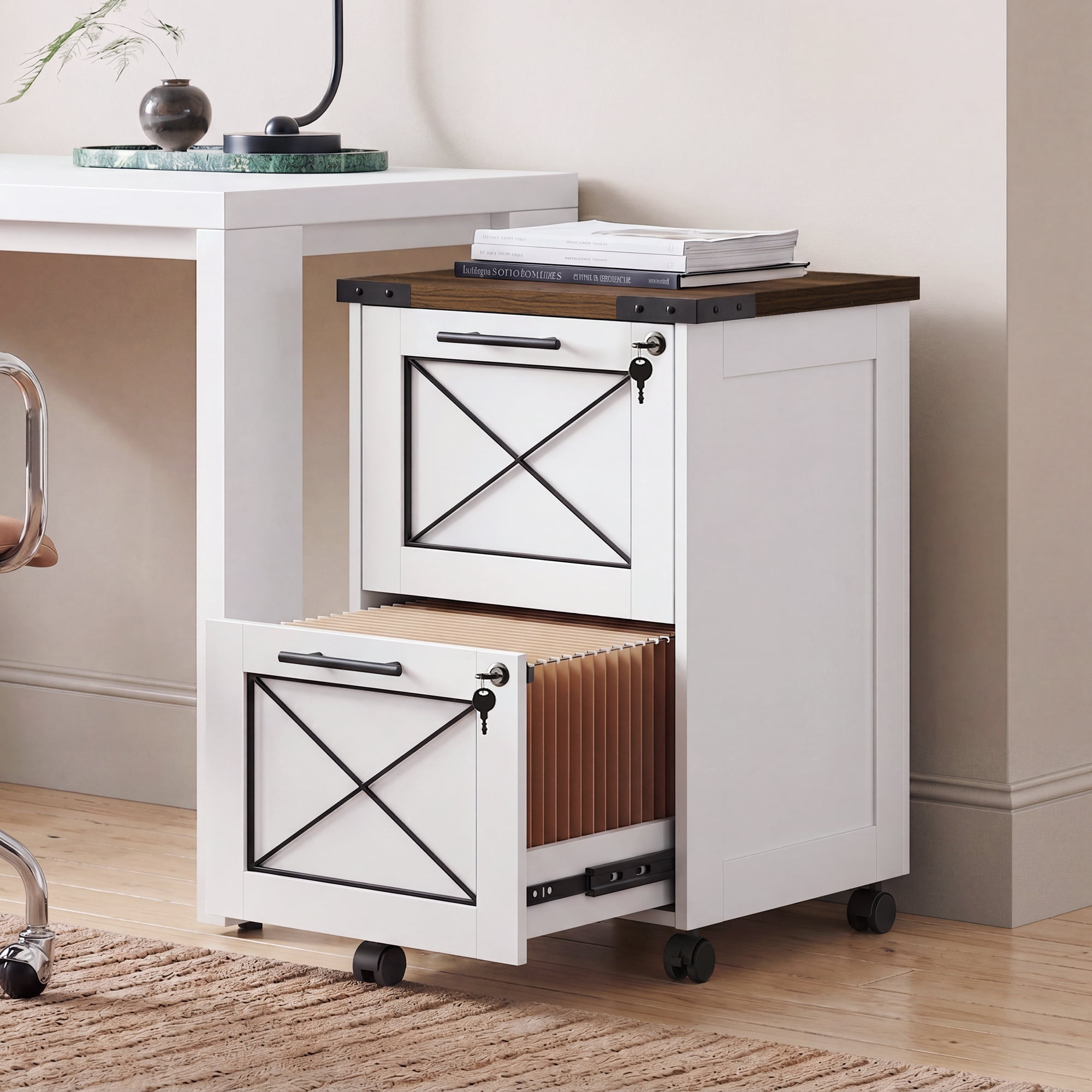 GALAXHERO 2 Drawer File Cabinet with Lock, Under Desk Filing Cabinets, Mobile Printer Stand for Home Office, Wood Storage Organizer Fit Letter/A4 Size, White