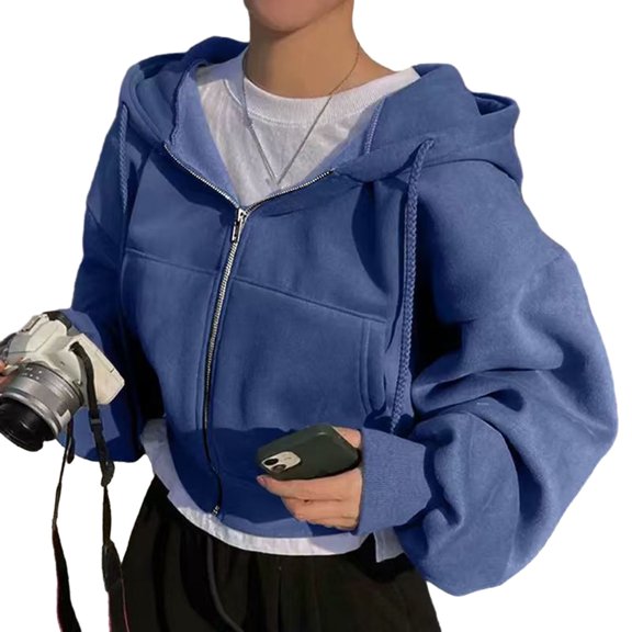 Quixlent Women's Cropped Zip Up Hoodie Drawstring Long Sleeve Crop Sweatshirt Fall Casual Hooded Jacket with Pockets