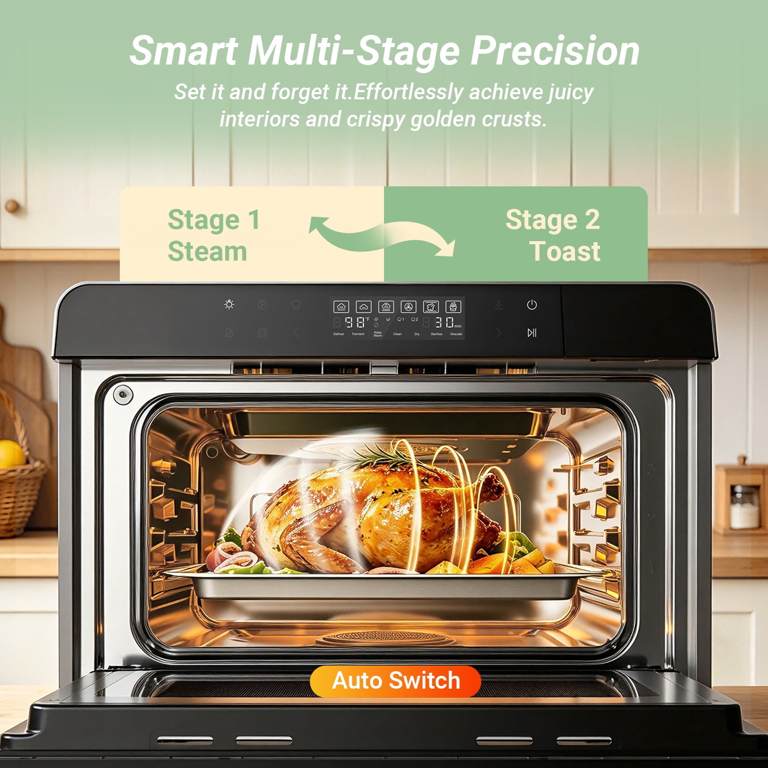 ROBAM R-BOX Combi Steam Oven, 23QT Countertop Steam Oven & Air Fryer Combo, 3 Steam Modes, Professional Steam-Bake, Air Fry, Dehydrate & Ferment, Rapid Heating & Self-Cleaning, Green