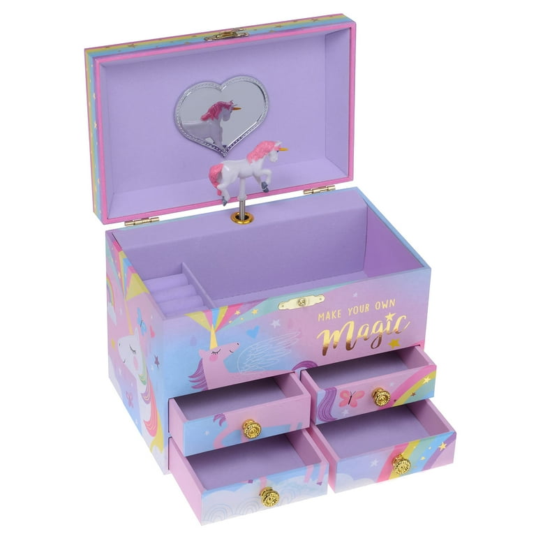 Jewelkeeper Cotton Candy Unicorn Large Musical Jewelry Storage Box with 4  Pull-out Drawers, Girl's Musical Jewelry Box, Beautiful Dreamer Tune