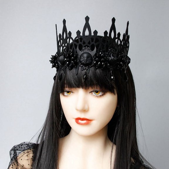 Black Headband Halloween Party Props Death Demon Witch Head Crown with Beaded Tassel Headdress Hair Accessories Headwear (black)