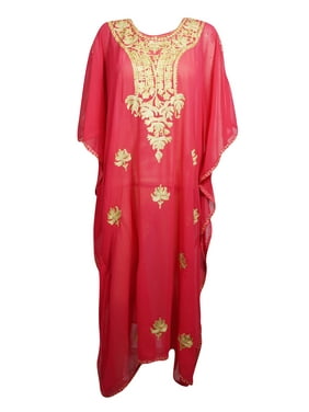 Mogul Womens Bright Red Embellished Caftan Kimono Georgette Sheer Bikini Beach Cover Up Kaftan Dress