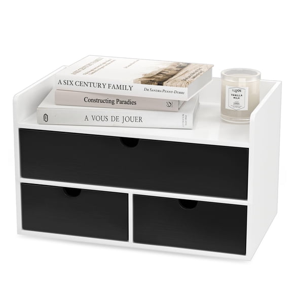 Wisuce Desk Organizer with Drawers - White-Black Bamboo Desktop Organizer Storage | Wood Desk Drawers Organizer for Bills, Office Supplies, Cosmetics, Seals No Assembled