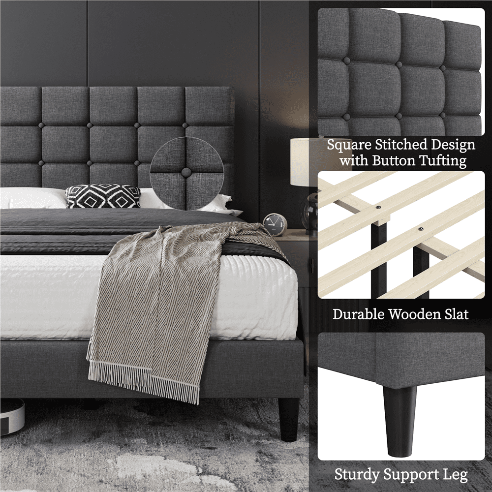 Renwick  Full Size Upholstered Platform Bed with Square Tufted Headboard, Dark Gray