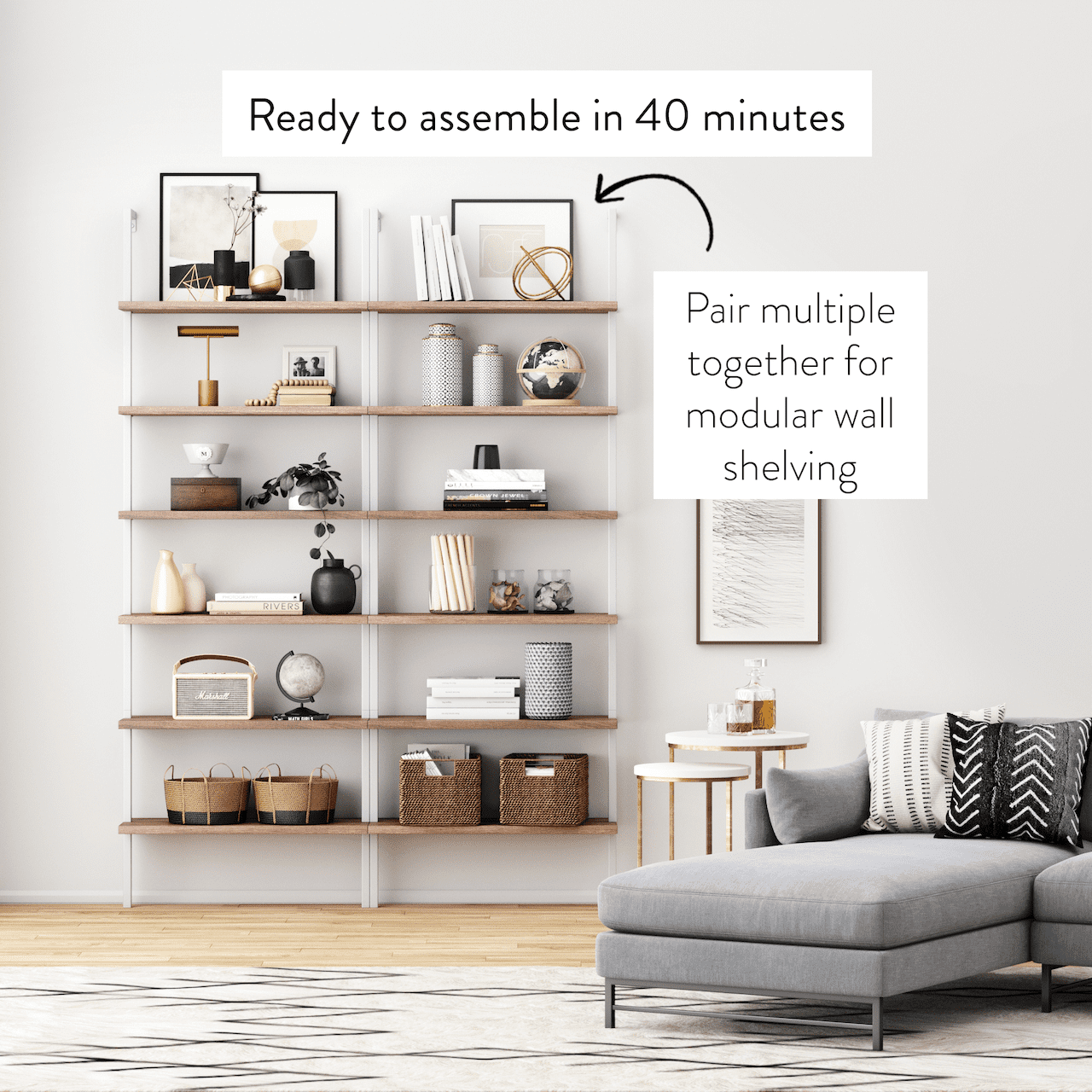 Nathan James Theo 6-Shelf Tall Bookcase Wall Mount Bookshelf Natural Wood Industrial Metal Frame Rustic Oak/White