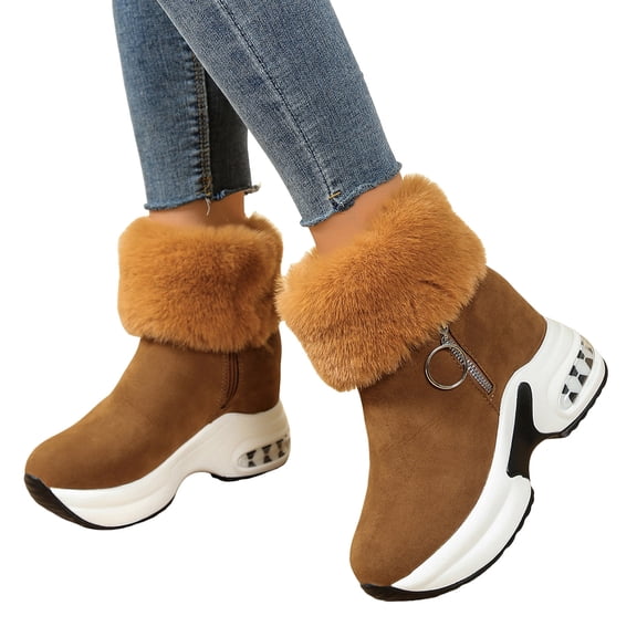 Women's Mid Calf Fuzzy Snow Boots Fleece Lined Thick Sole Platform Ankle Booties Winter Warm High Top Casual Walking Shoes Brown Size 7