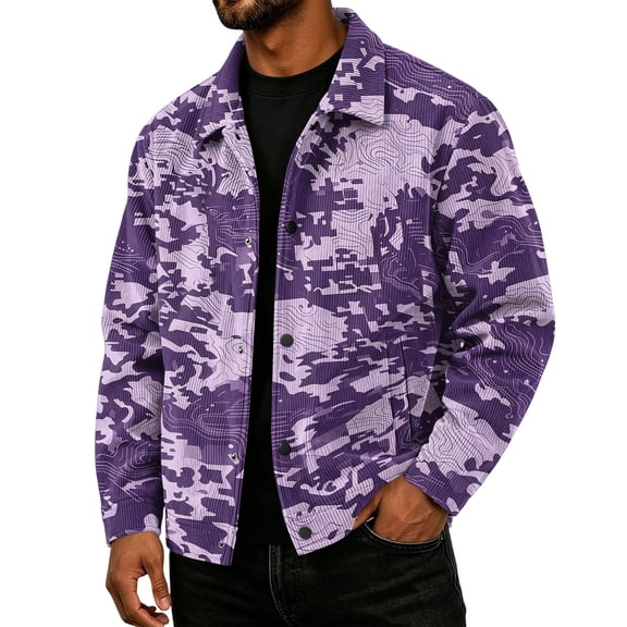 Havenx Camo Corduroy Jacket for Men Long Sleeve Button Down Shirt Jackets with Pockets Lapel Collar Camouflage Print Coats Loose Fit Fall Winter Vintage Casual Clothing,Purple S