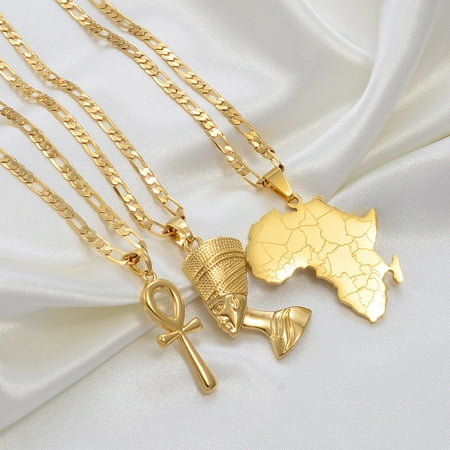 3Pieces Ankh Nefertiti & Africa Map Pendant Necklaces 14K Gold Wedding Birthday Party Ethnic Jewelry Women Men