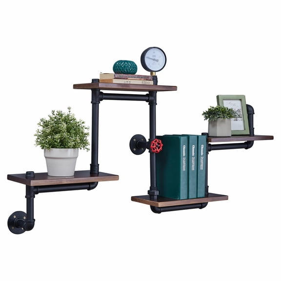 Danya B. 4-Tier Wall Mount Corner Or Straight Staggered Floating Industrial Rustic Pipe Shelving Unit