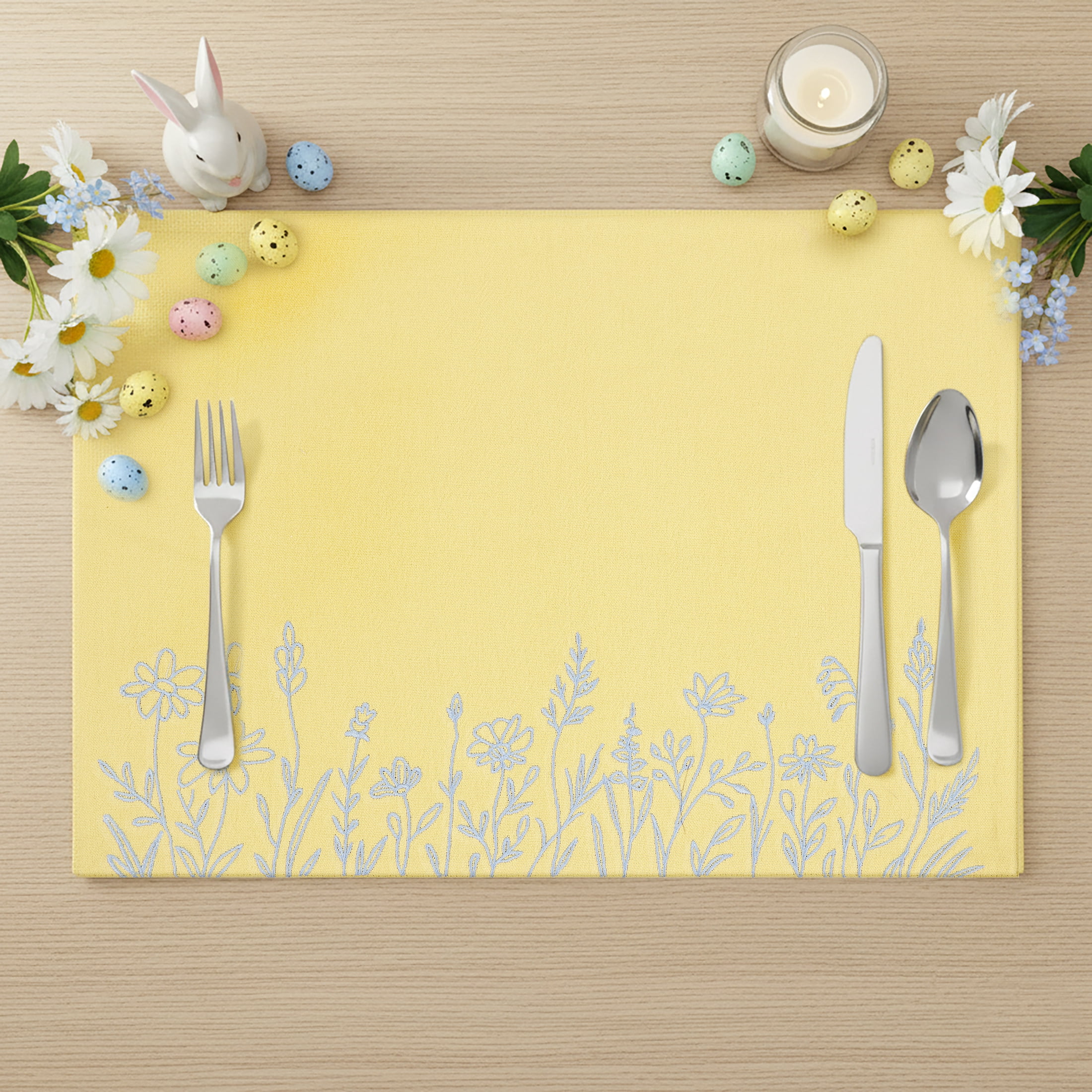 Easter Embroidered Floral 4 pack Table Placemat Set - 14" x 19" Each - 100% Cotton, Yellow