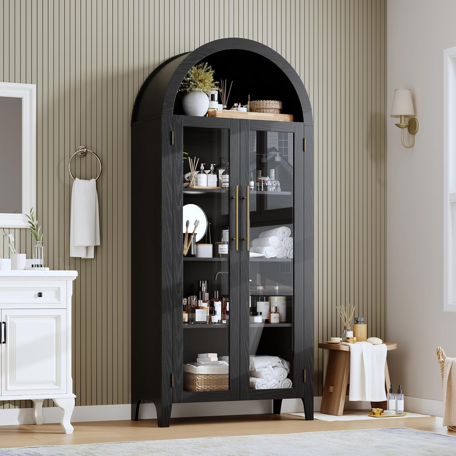 Memoryfield Farmhouse 5 Tier Bookcase Display Shelf, with Adjustable Shelf and 2 Large Glass Doors, Arched Kitchen Pantry Cabinet, Versatile Storage Cupboard, Black