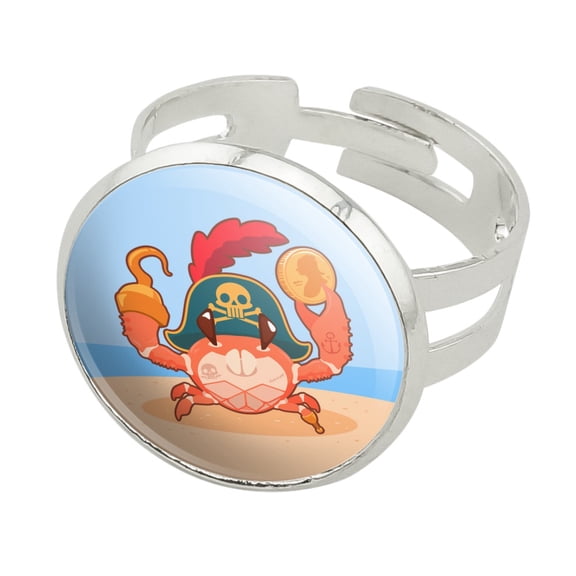 Pirate Crab on the Beach with Hook and Coin Silver Plated Adjustable Novelty Ring
