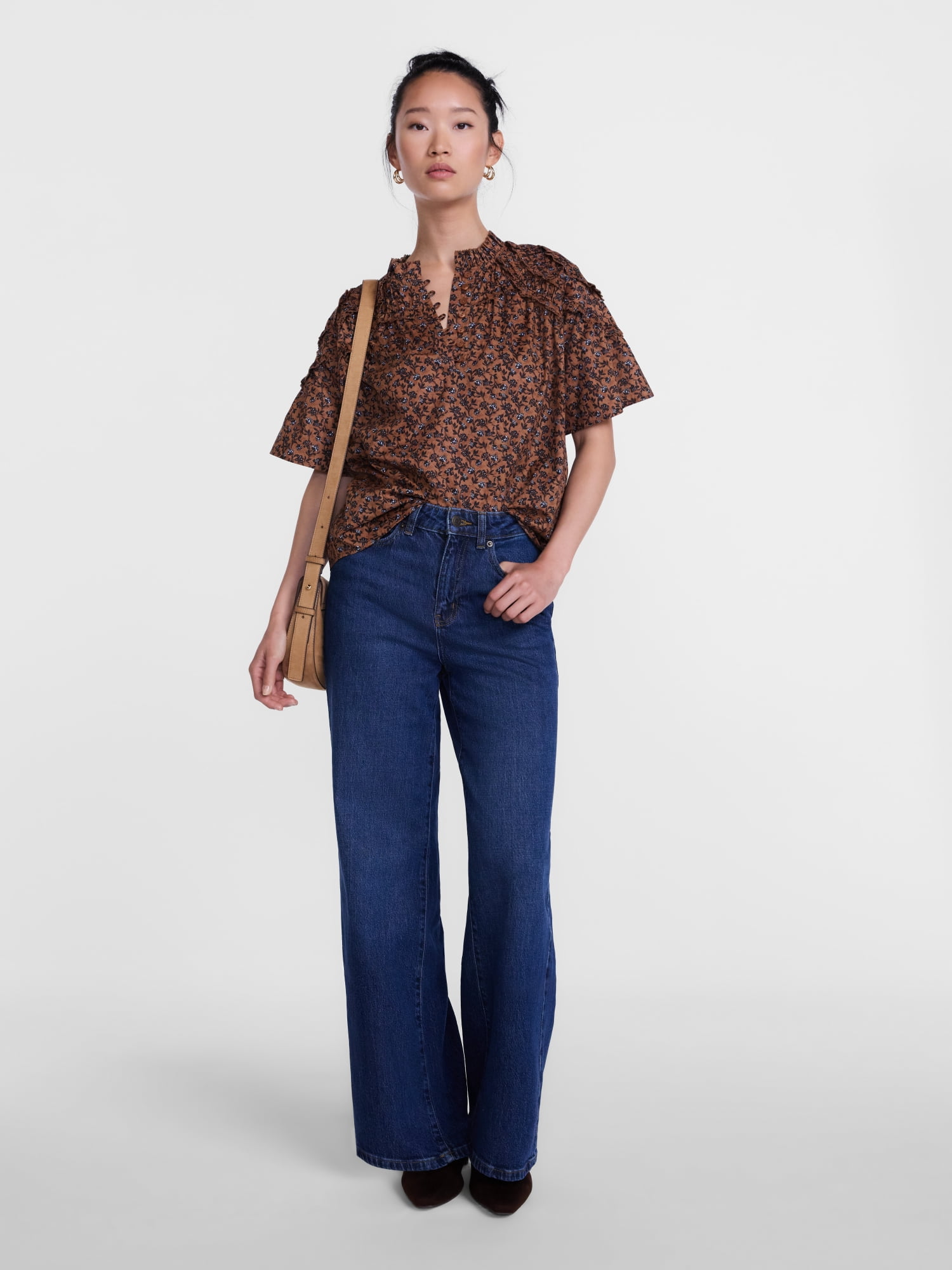 Scenario Women's Gathered Cotton Voile Top with Short Sleeves, Size XS-XXXL