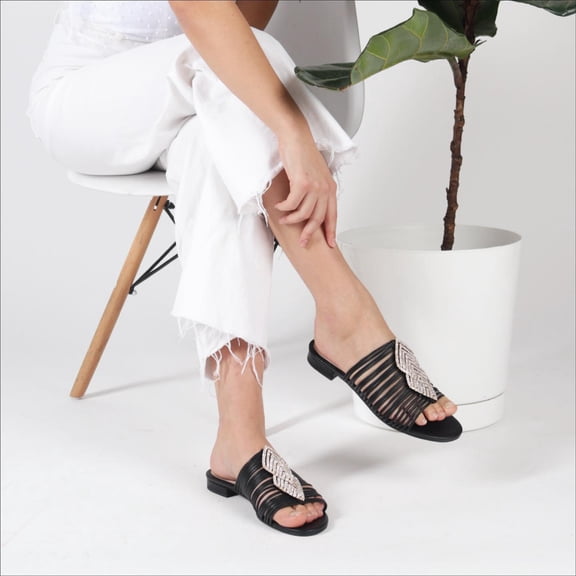 Cecelia New York Darleen Slide Sandal Black/Silver Stone Slip On Caged Mule Flat