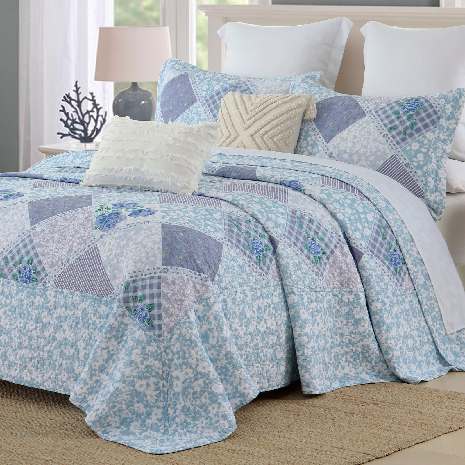 PANGUSHAN 100% Cotton 128"x120" Oversized California King Bedspread Coverlet Quilt Set, Cal King Quilted Bedspread Extra Large Wide Quilt, Floral XL Bed Spread Lightweight Comforter, 3pc, Blue/Violet